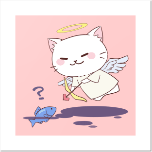 Cute Chibi Angel Cat Hunting Fish Posters and Art